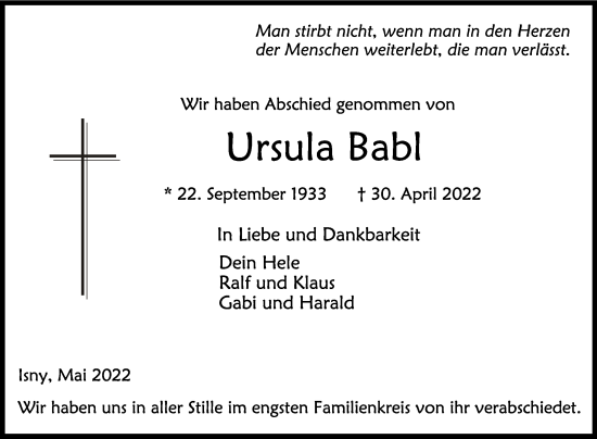 Anzeige von Ursula Babl von Schwäbische Zeitung