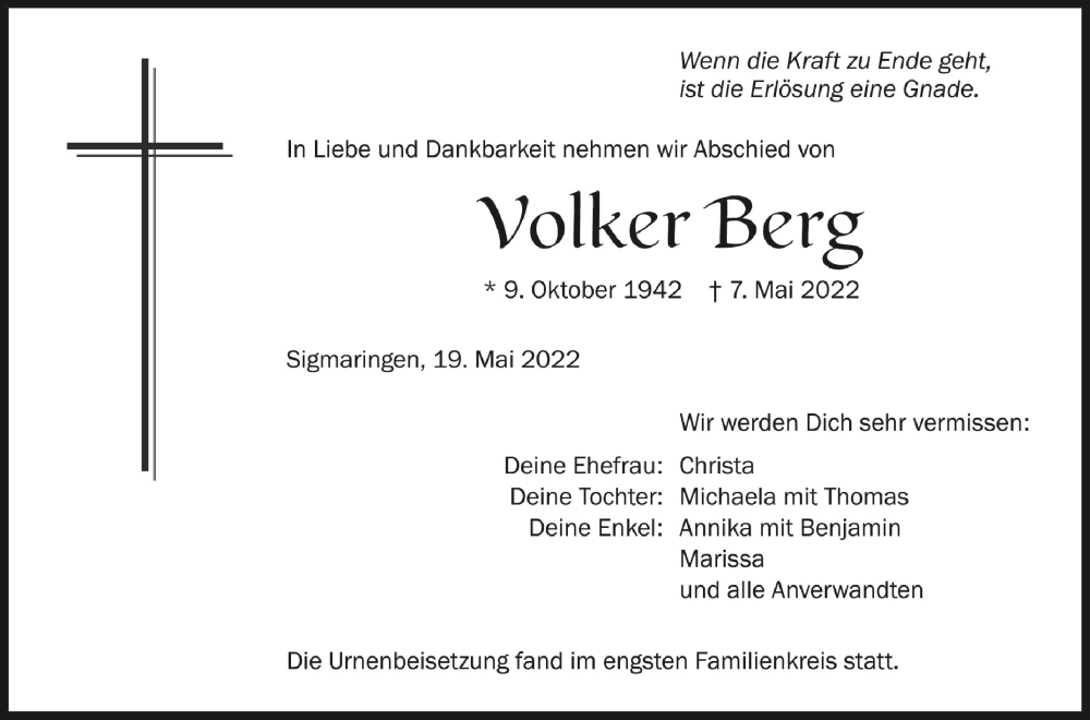  Traueranzeige für Volker Berg vom 19.05.2022 aus Schwäbische Zeitung