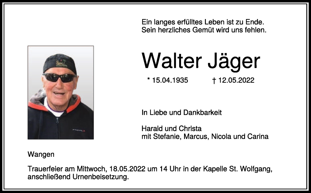  Traueranzeige für Walter Jäger vom 17.05.2022 aus Schwäbische Zeitung