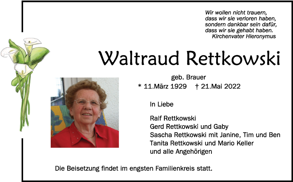  Traueranzeige für Waltraud Rettkowski vom 27.05.2022 aus Schwäbische Zeitung