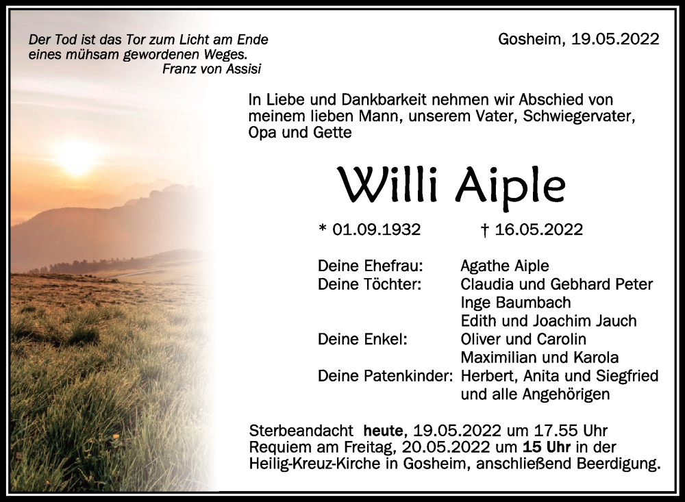  Traueranzeige für Willi Aiple vom 19.05.2022 aus Schwäbische Zeitung