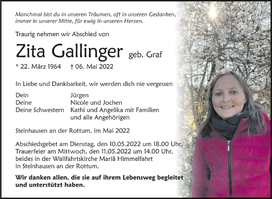 Anzeige von Zita Gollinger von Schwäbische Zeitung