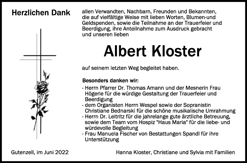  Traueranzeige für Albert Kloster vom 04.06.2022 aus Schwäbische Zeitung