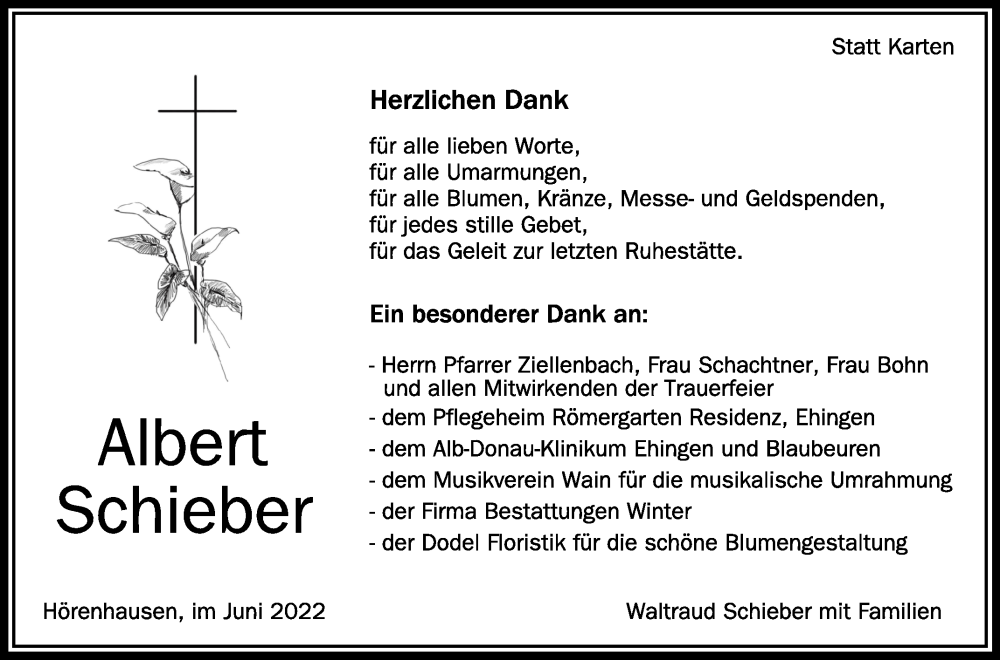  Traueranzeige für Albert Schieber vom 03.06.2022 aus Schwäbische Zeitung