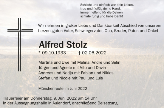 Anzeige von Alfred Stolz von Schwäbische Zeitung