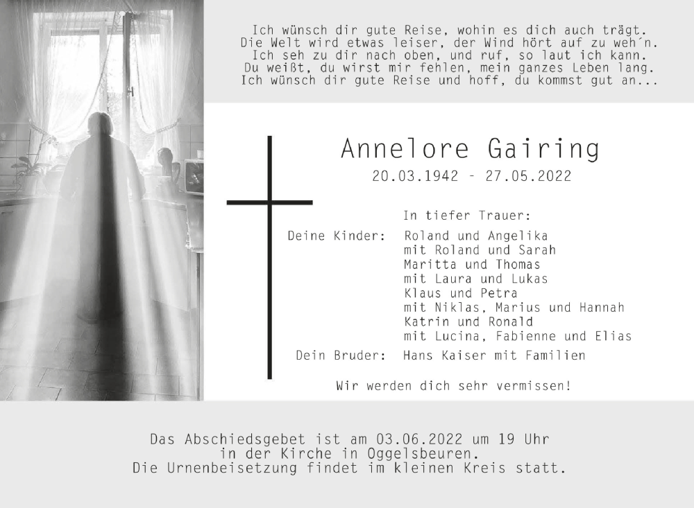  Traueranzeige für Annelore Gairing vom 02.06.2022 aus Schwäbische Zeitung