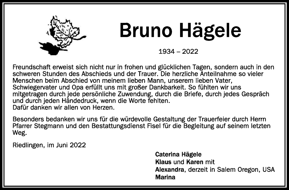  Traueranzeige für Bruno Hägele vom 11.06.2022 aus Schwäbische Zeitung