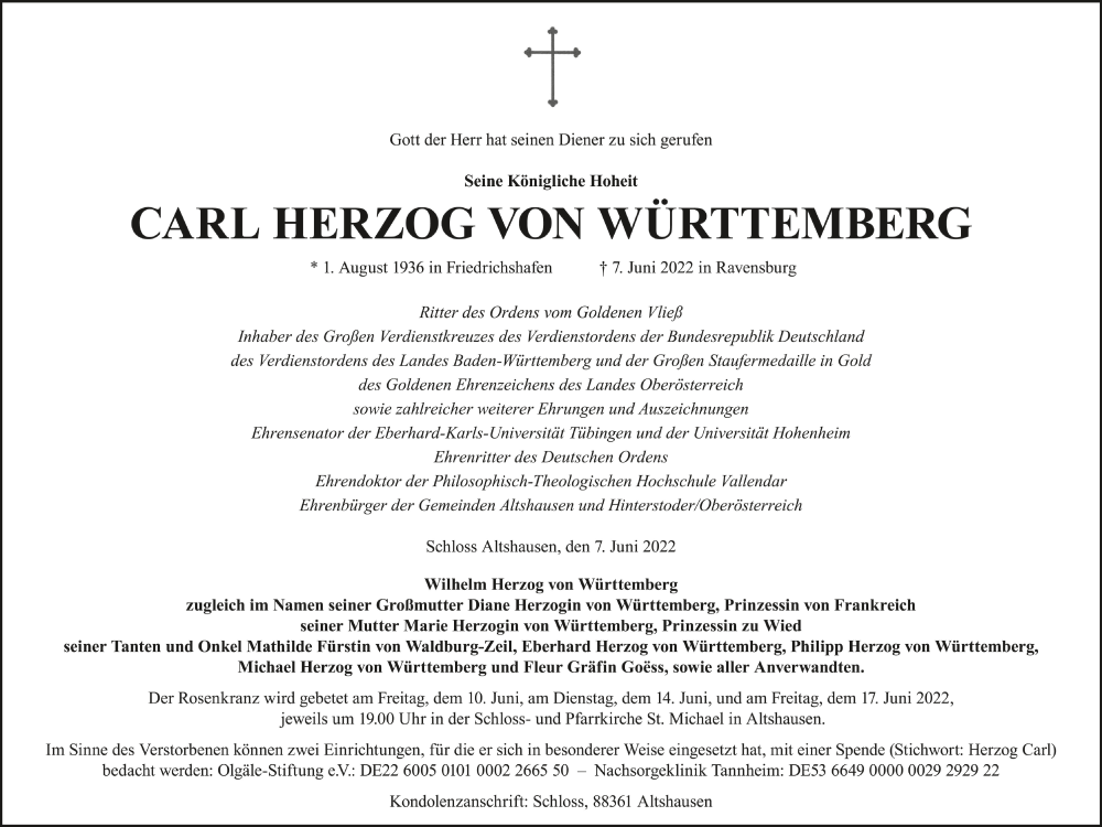 Traueranzeige für Carl Herzog von Württemberg vom 10.06.2022 aus Schwäbische Zeitung