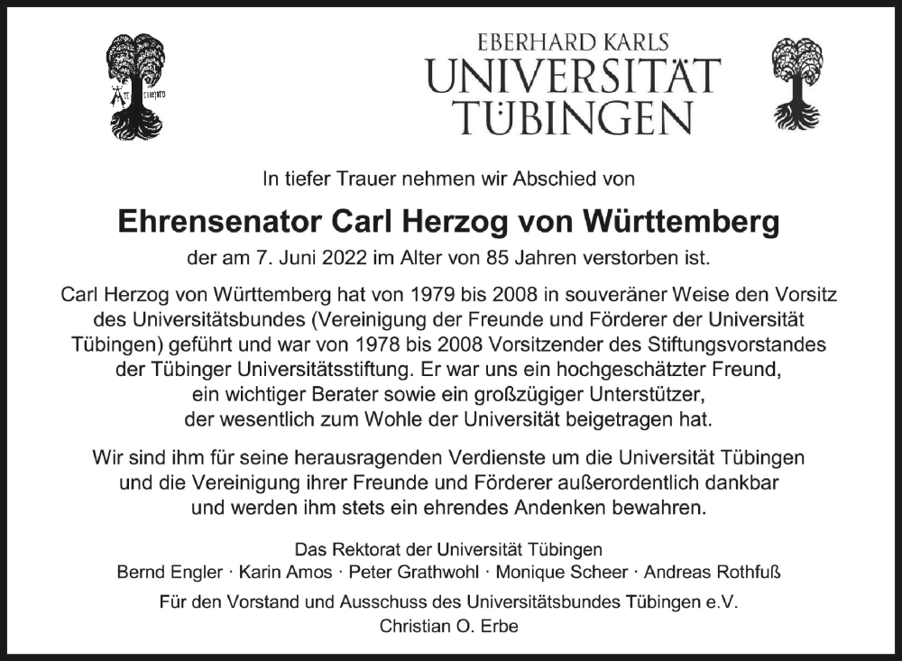  Traueranzeige für Carl Herzog von Württemberg vom 11.06.2022 aus Schwäbische Zeitung