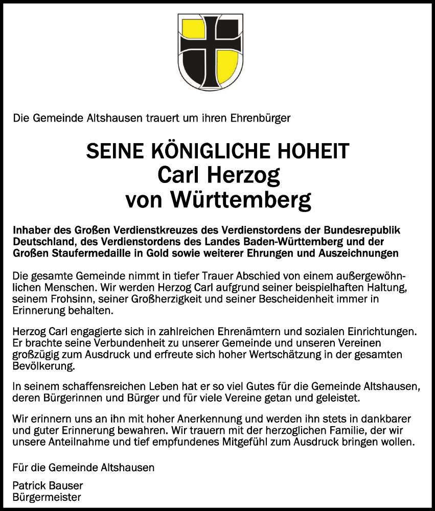  Traueranzeige für Carl Herzog von Württemberg vom 11.06.2022 aus Schwäbische Zeitung