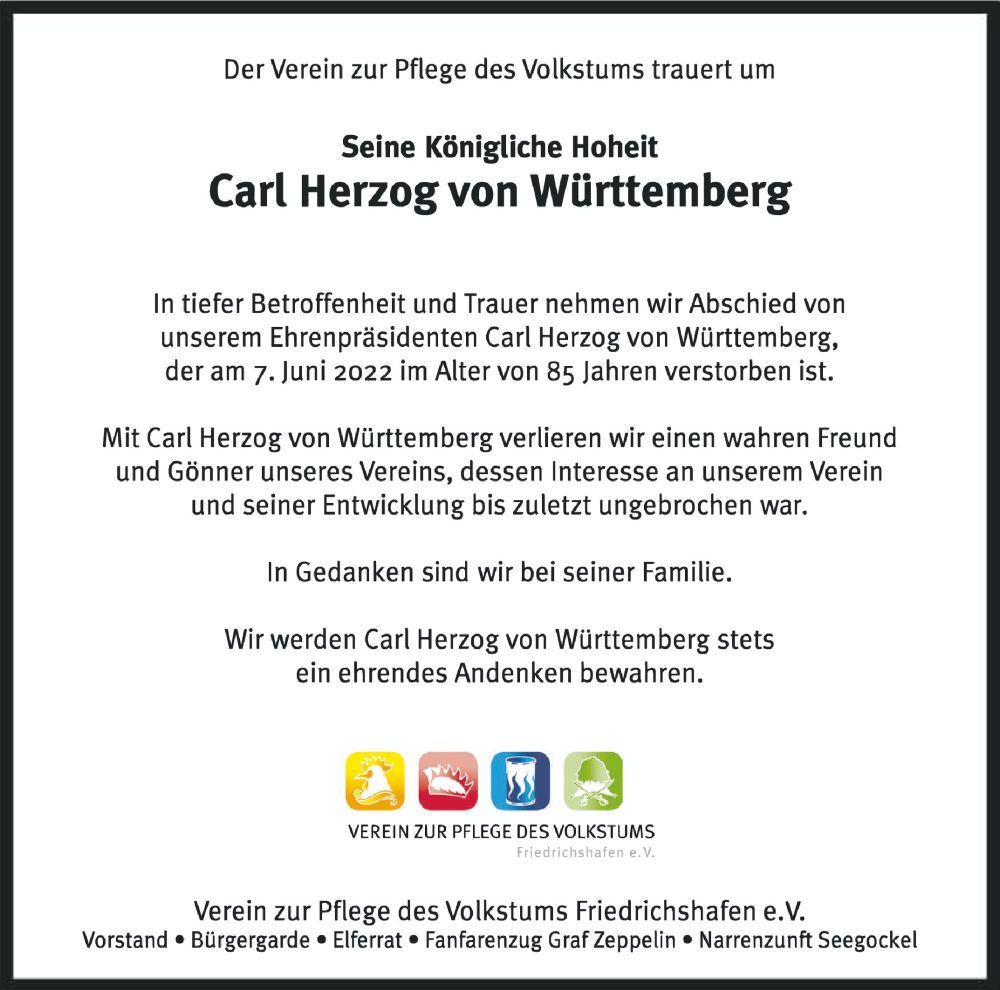  Traueranzeige für Carl Herzog von Württemberg vom 14.06.2022 aus Schwäbische Zeitung