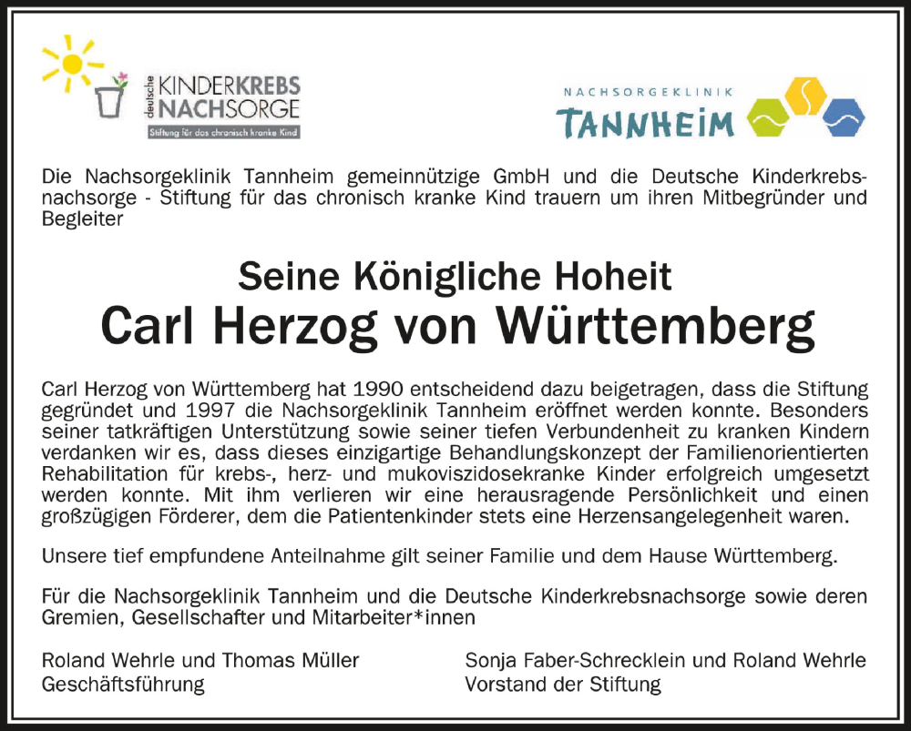  Traueranzeige für Carl Herzog von Württemberg vom 15.06.2022 aus Schwäbische Zeitung