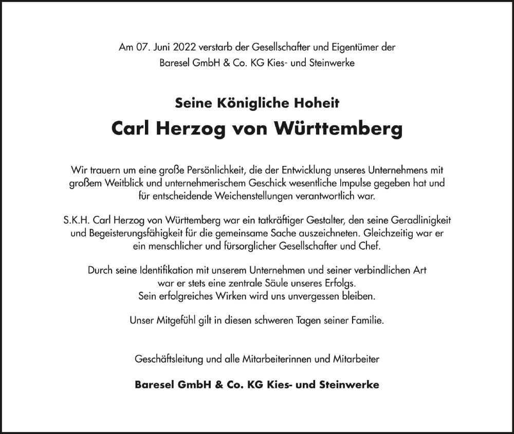  Traueranzeige für Carl Herzog von Württemberg vom 18.06.2022 aus Schwäbische Zeitung