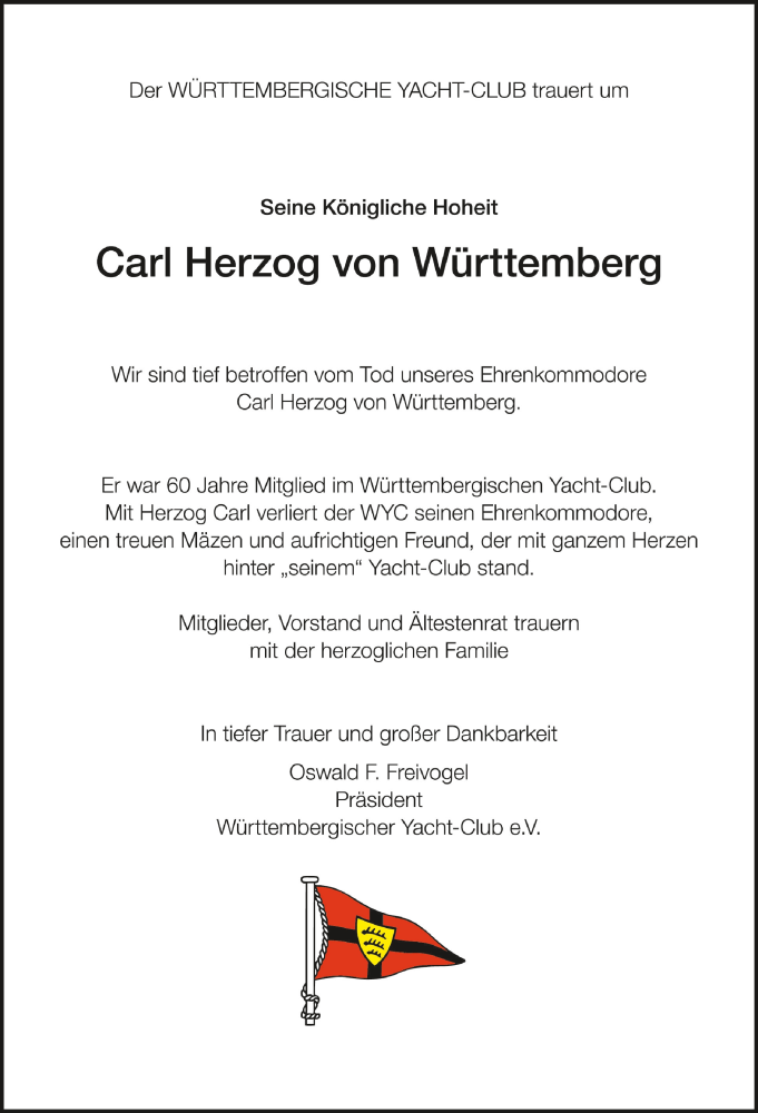  Traueranzeige für Carl Herzog von Württemberg vom 10.06.2022 aus Schwäbische Zeitung