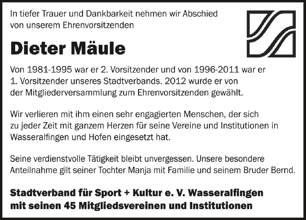  Traueranzeige für Dieter Mäule vom 08.06.2022 aus Schwäbische Zeitung