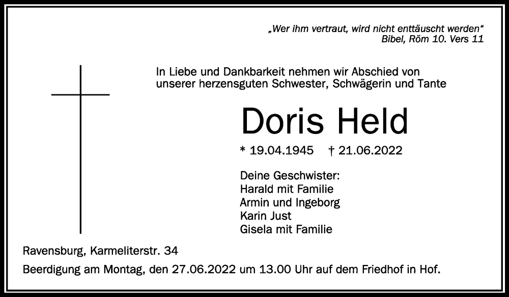  Traueranzeige für Doris Held vom 25.06.2022 aus Schwäbische Zeitung