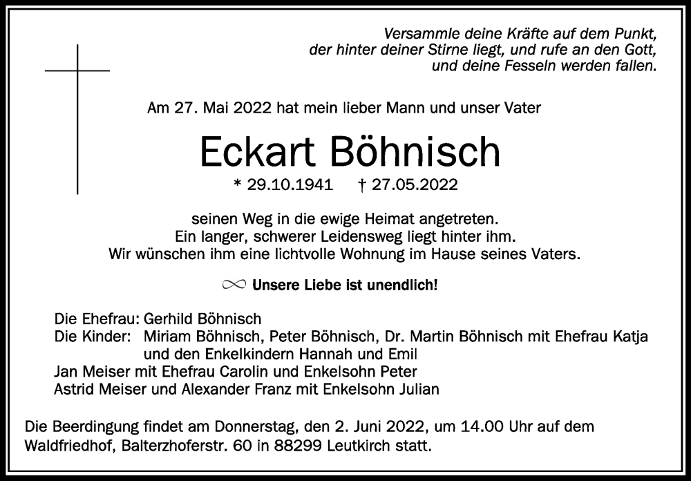  Traueranzeige für Eckart Böhnisch vom 01.06.2022 aus Schwäbische Zeitung