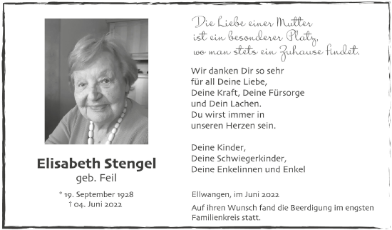 Traueranzeigen von Elisabeth Stengel | schwaebische.de Trauerportal
