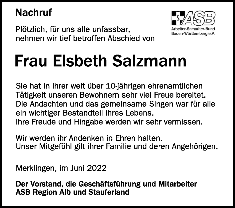  Traueranzeige für Elsbeth Salzmann vom 02.06.2022 aus Schwäbische Zeitung