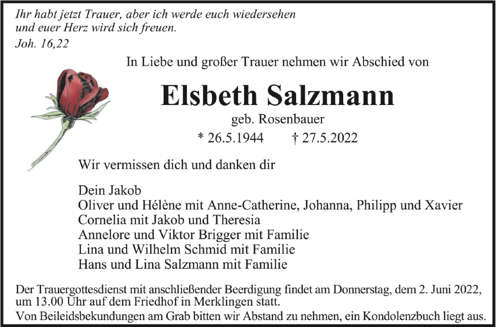  Traueranzeige für Elsbeth Salzmann vom 01.06.2022 aus Schwäbische Zeitung