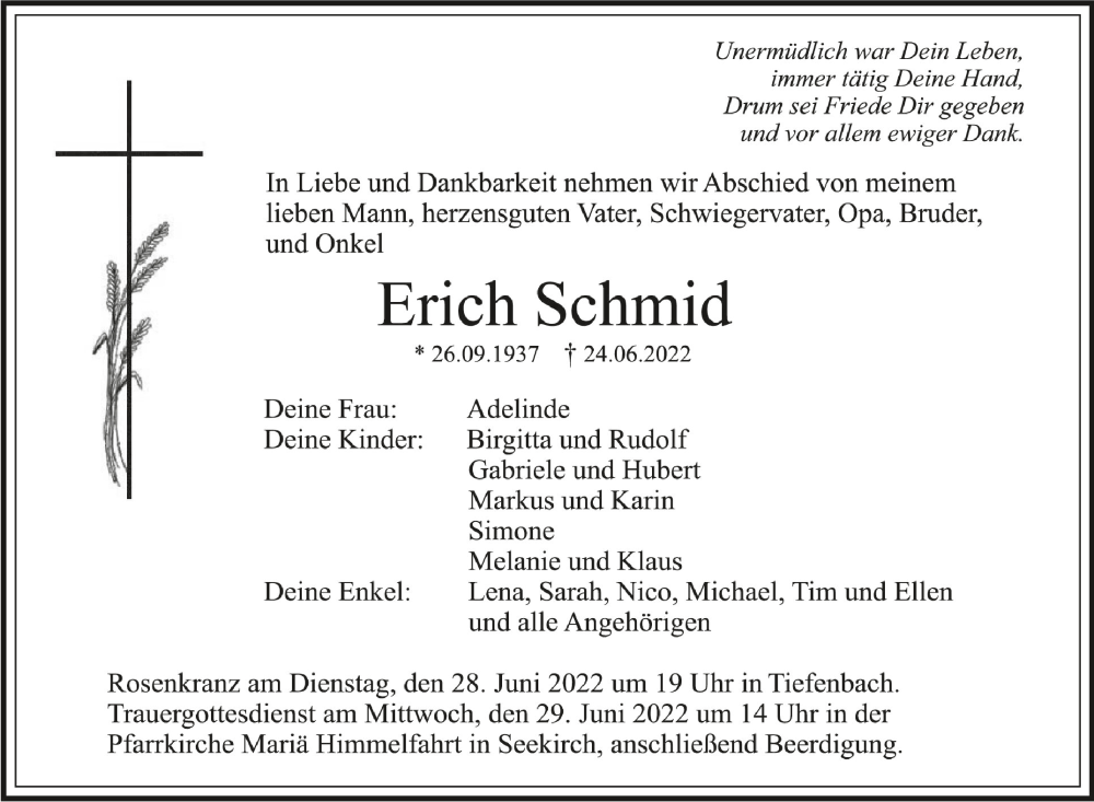  Traueranzeige für Erich Schmid vom 28.06.2022 aus Schwäbische Zeitung