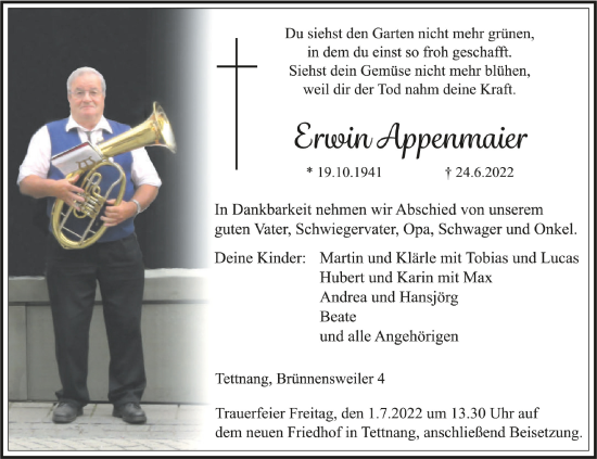 Anzeige von Erwin Appenmaier von Schwäbische Zeitung