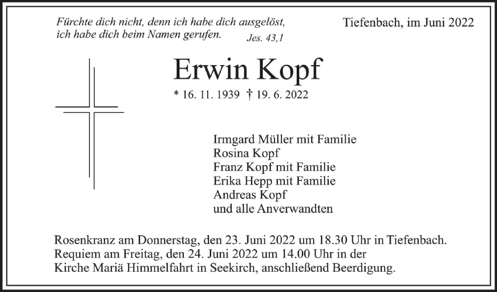  Traueranzeige für Erwin Kopf vom 22.06.2022 aus Schwäbische Zeitung