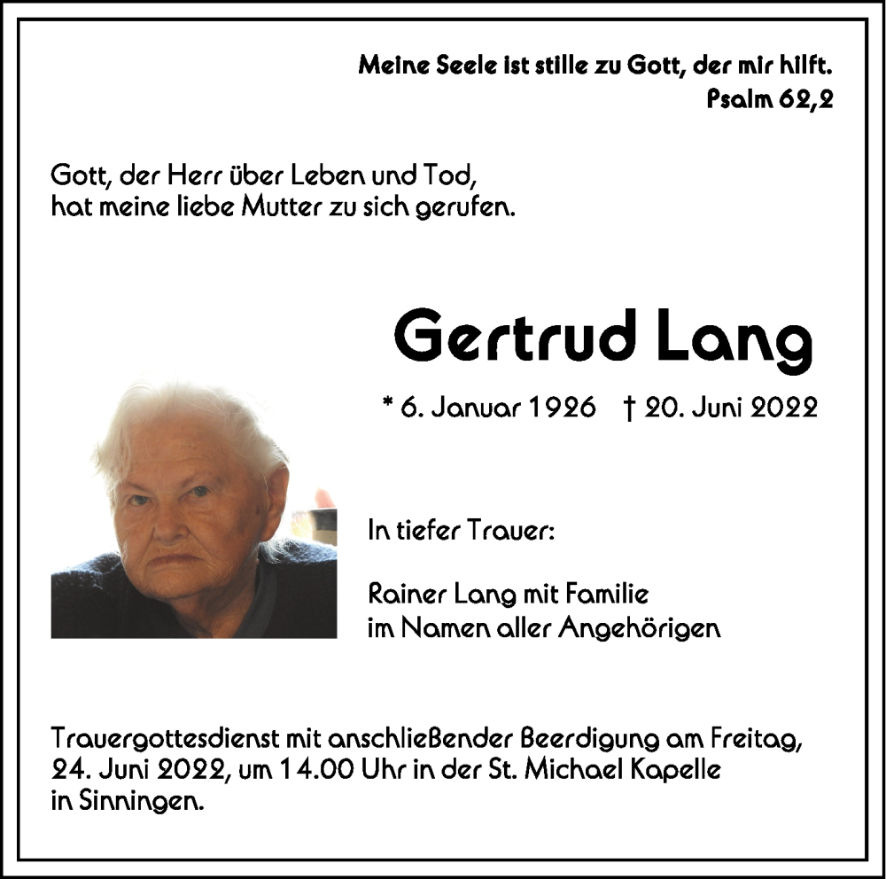  Traueranzeige für Gertrud Lang vom 23.06.2022 aus Schwäbische Zeitung
