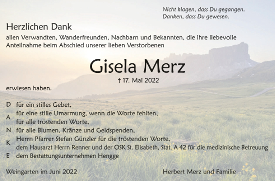 Anzeige von Gisela Merz von Schwäbische Zeitung
