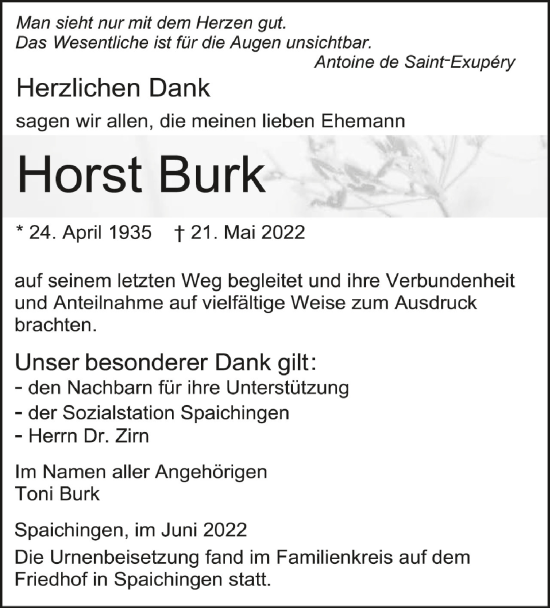 Anzeige von Horst Burk von Schwäbische Zeitung