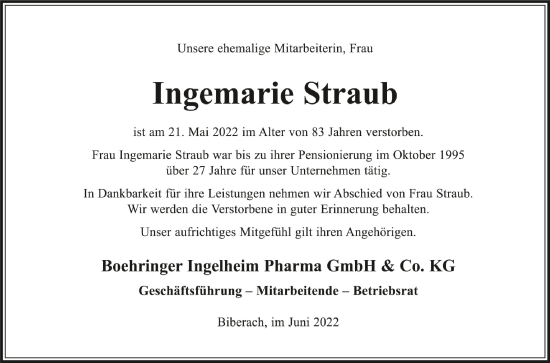 Anzeige von Ingemarie Straub von Schwäbische Zeitung
