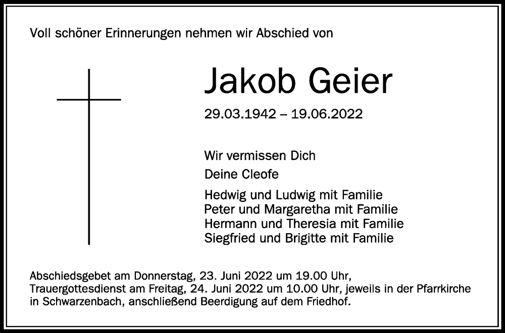  Traueranzeige für Jakob Geier vom 22.06.2022 aus Schwäbische Zeitung