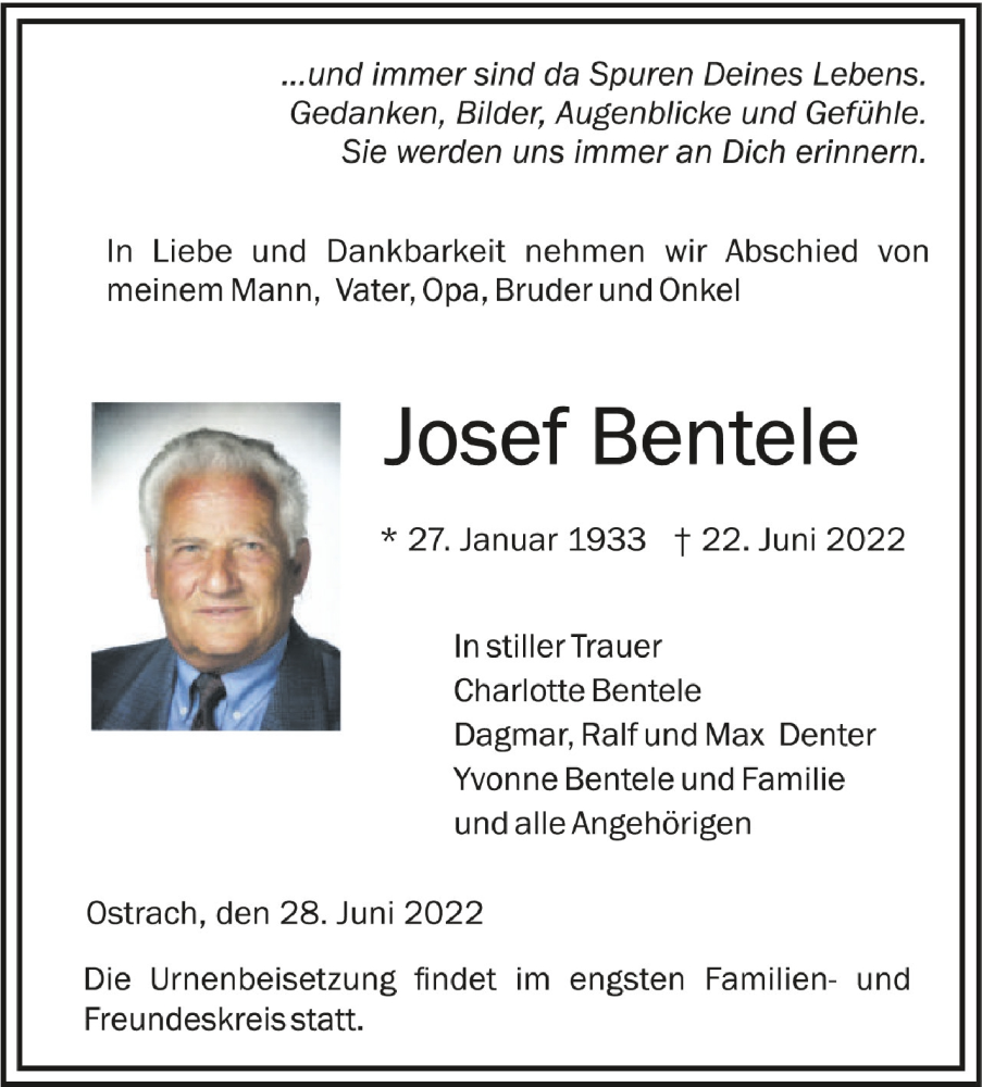  Traueranzeige für Josef Bentele vom 28.06.2022 aus Schwäbische Zeitung