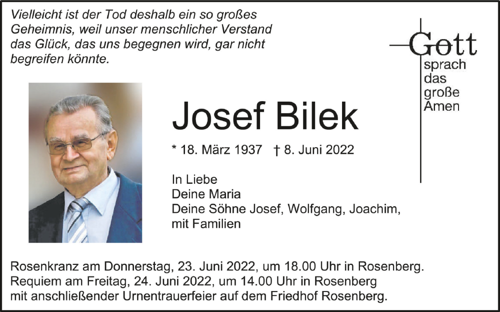  Traueranzeige für Josef Bilek vom 20.06.2022 aus Schwäbische Zeitung