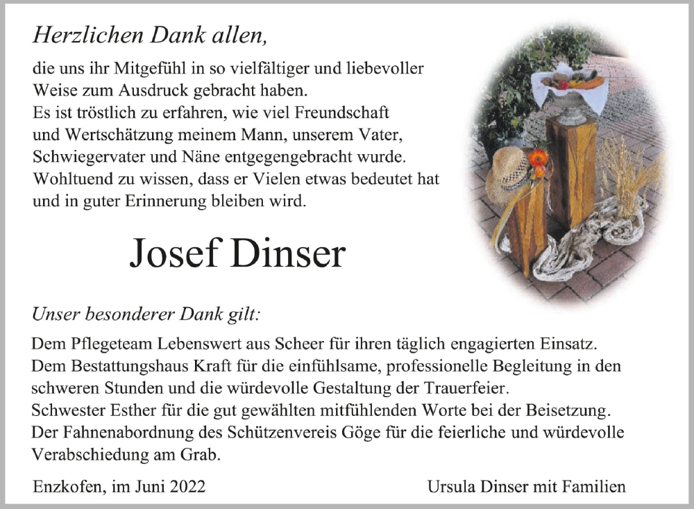  Traueranzeige für Josef Dinser vom 25.06.2022 aus Schwäbische Zeitung