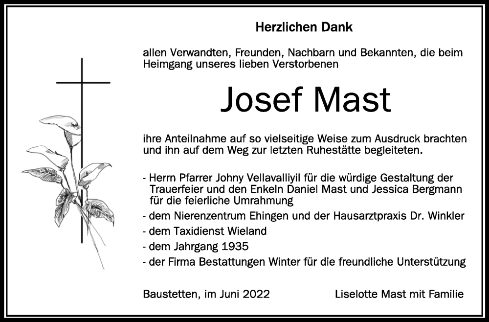  Traueranzeige für Josef Mast vom 09.06.2022 aus Schwäbische Zeitung