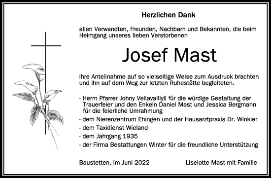 Anzeige von Josef Mast von Schwäbische Zeitung