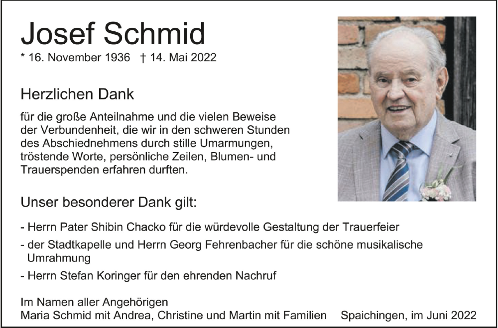  Traueranzeige für Josef Schmid vom 04.06.2022 aus Schwäbische Zeitung