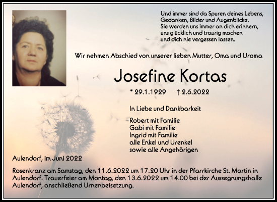 Anzeige von Josefine Kortas von Schwäbische Zeitung