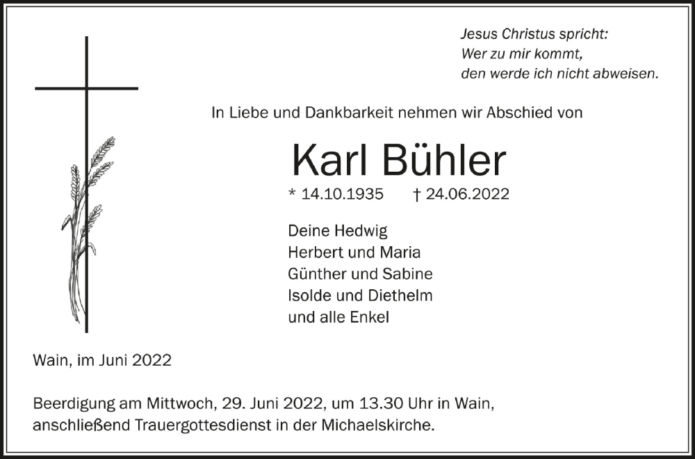  Traueranzeige für Karl Bühler vom 27.06.2022 aus Schwäbische Zeitung