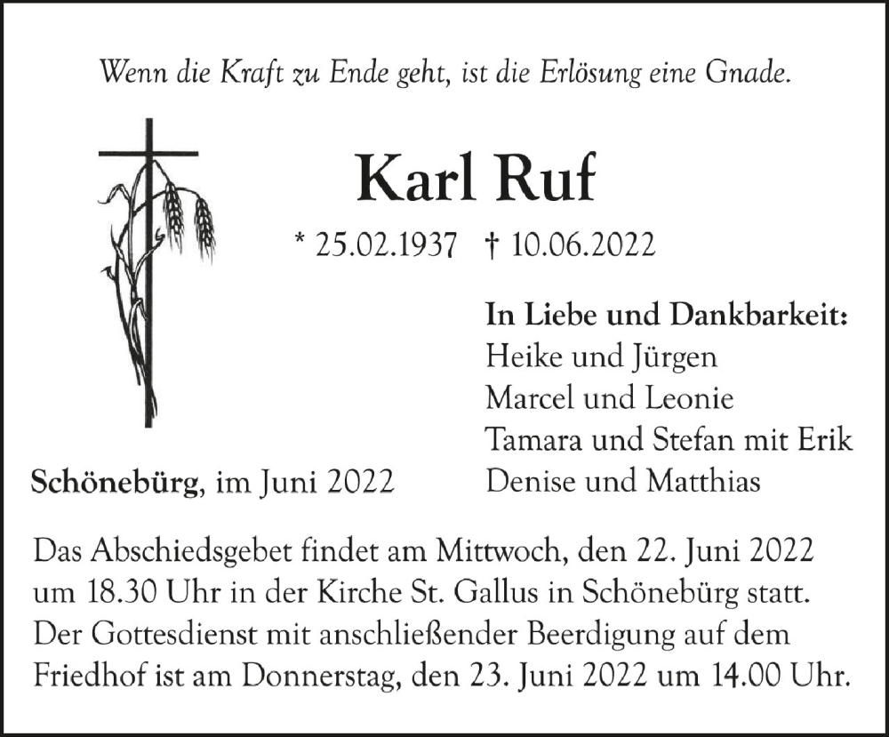  Traueranzeige für Karl Ruf vom 20.06.2022 aus Schwäbische Zeitung