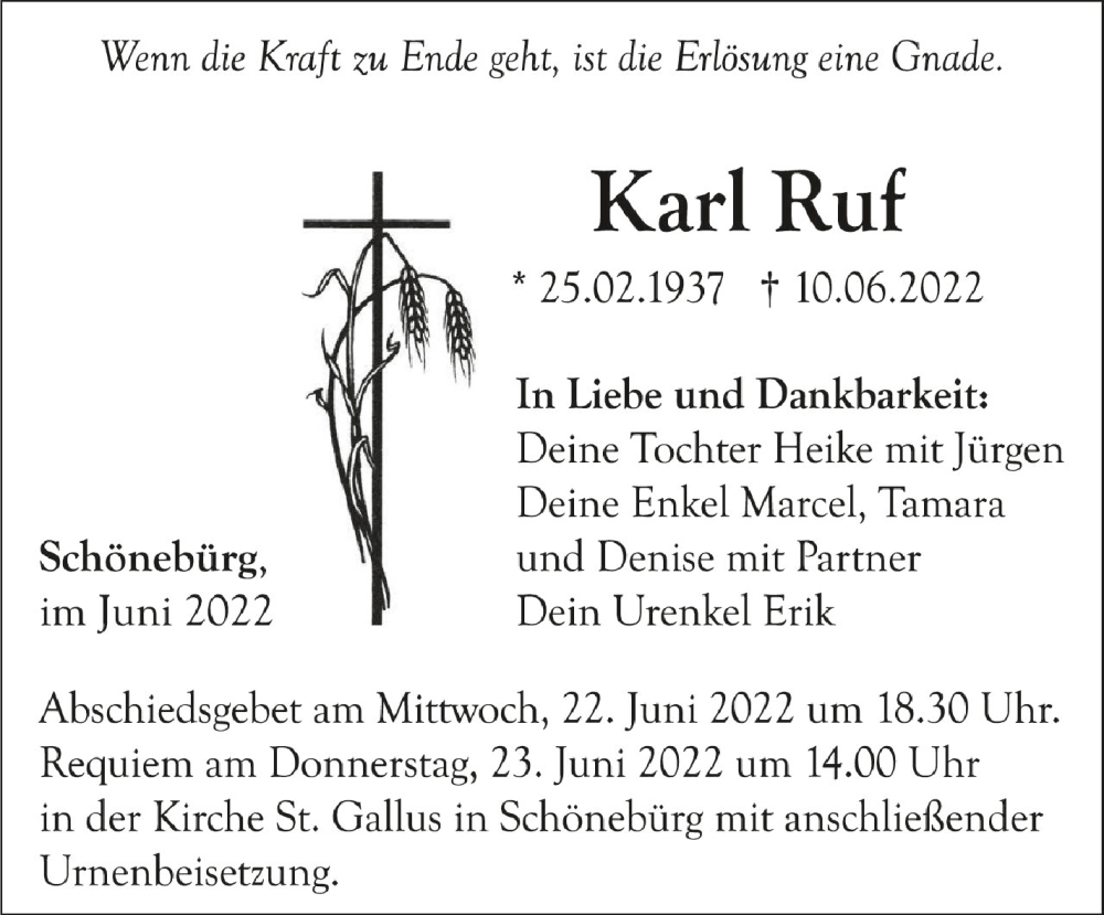  Traueranzeige für Karl Ruf vom 20.06.2022 aus Schwäbische Zeitung