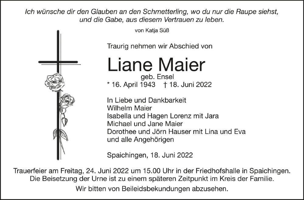  Traueranzeige für Liane Maier vom 21.06.2022 aus Schwäbische Zeitung