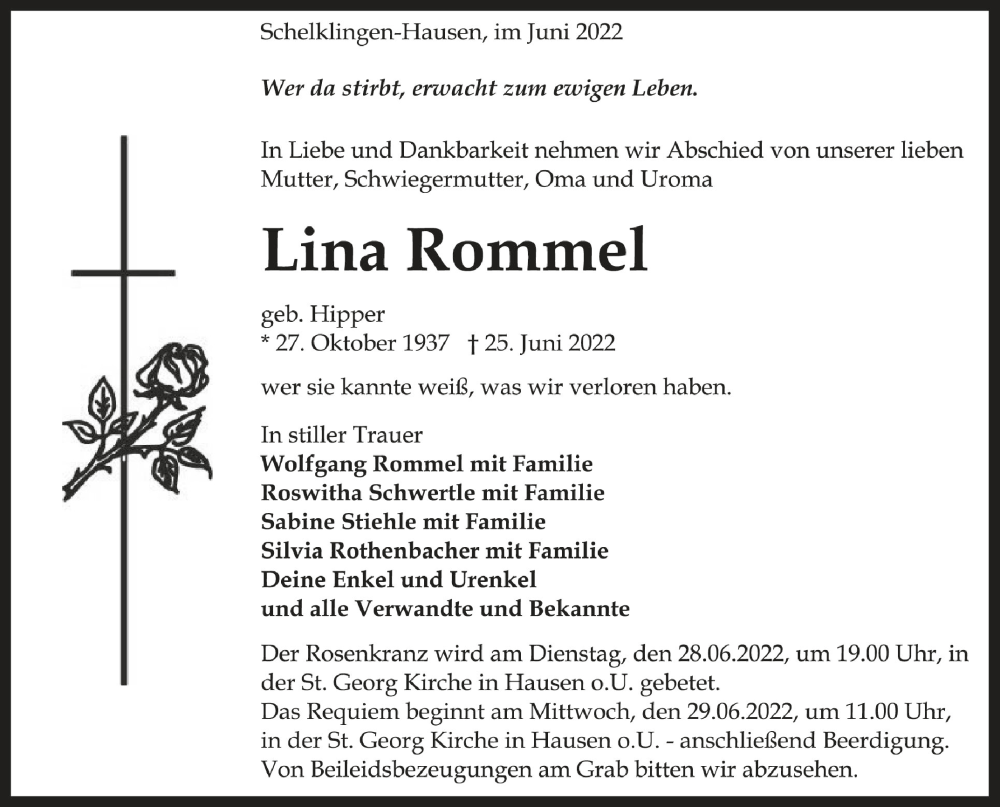  Traueranzeige für Lina Rommel vom 28.06.2022 aus Schwäbische Zeitung