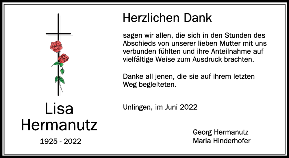  Traueranzeige für Lisa Hermanutz vom 11.06.2022 aus Schwäbische Zeitung