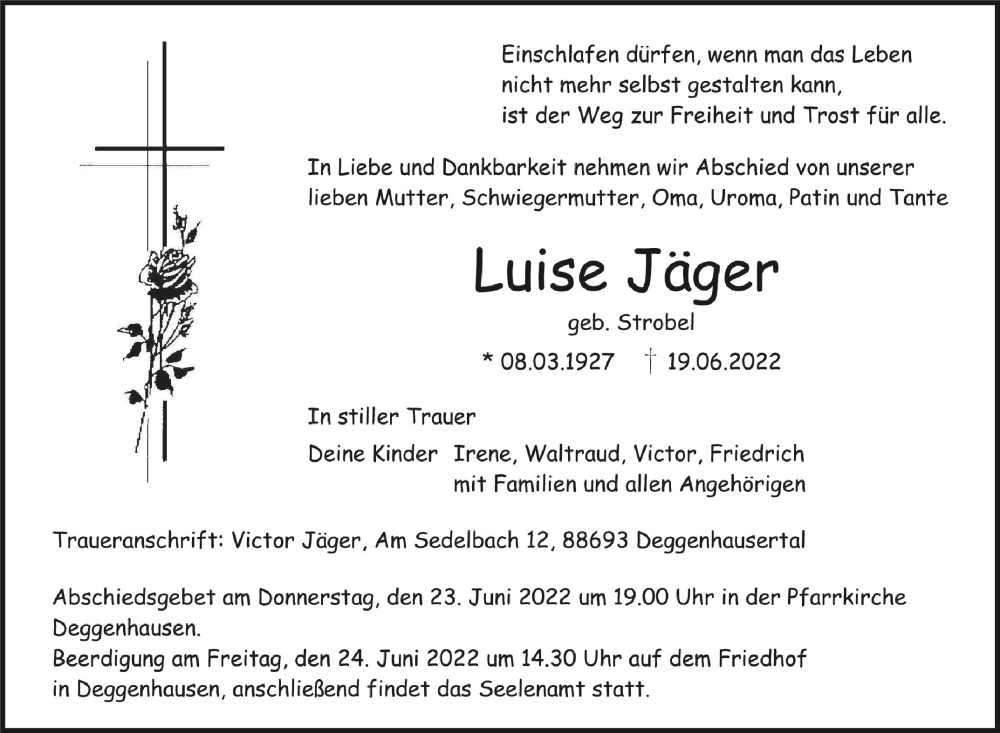  Traueranzeige für Luise Jäger vom 22.06.2022 aus Schwäbische Zeitung
