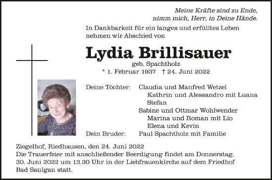 Anzeige von Lydia Brillisauer von Schwäbische Zeitung