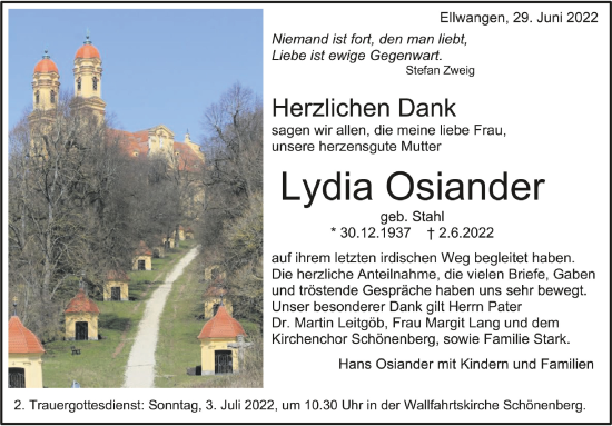 Anzeige von Lydia Osiander von Schwäbische Zeitung