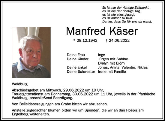 Anzeige von Manfred Käser von Schwäbische Zeitung