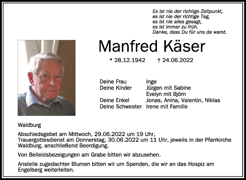  Traueranzeige für Manfred Käser vom 28.06.2022 aus Schwäbische Zeitung